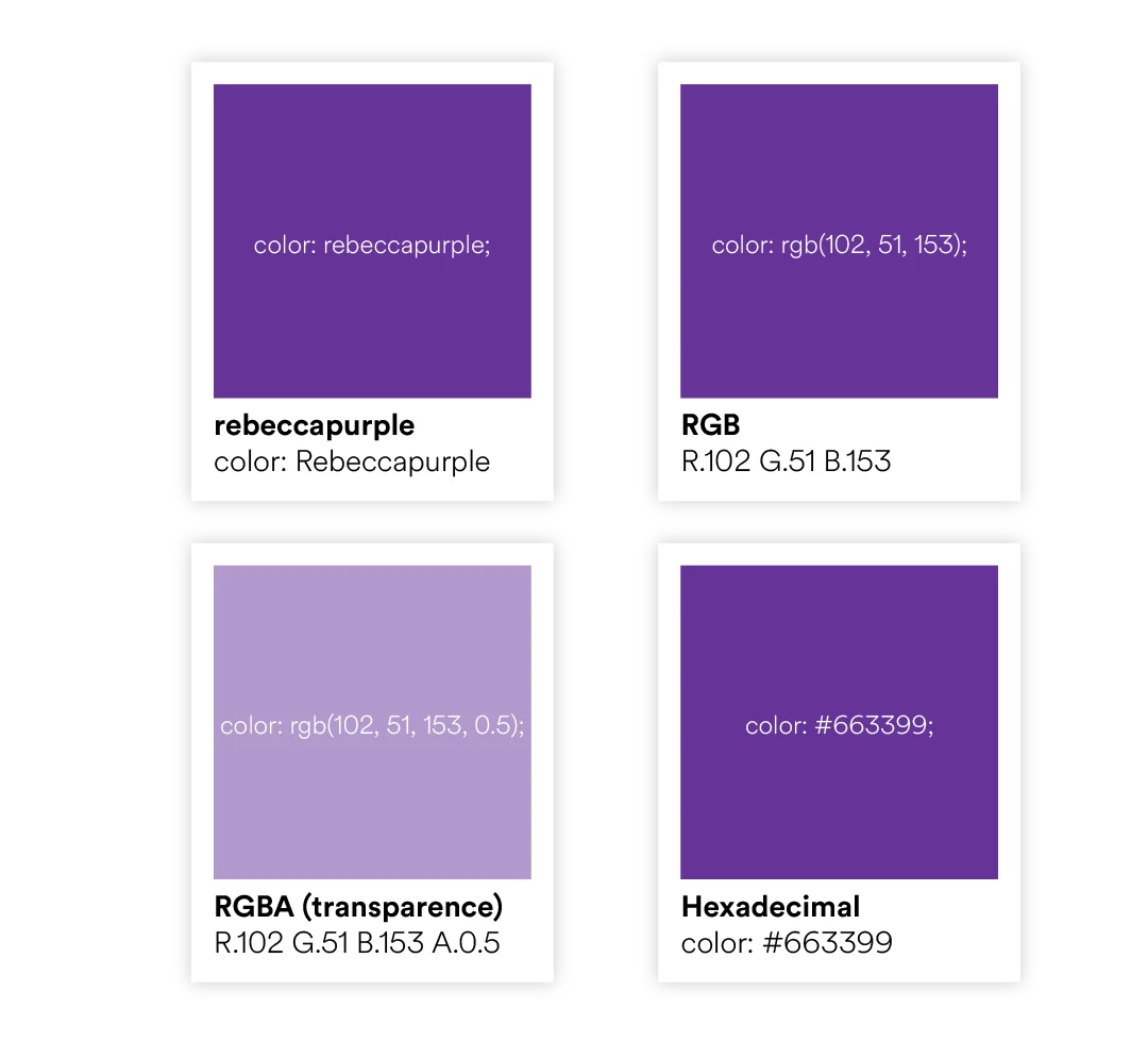 les formats de couleurs pour le web : color Name, rvb, hexadecimal