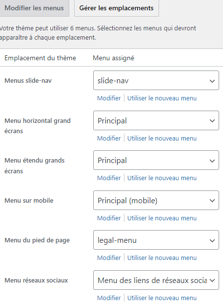 gérer les emplacements d'un menu wordpress