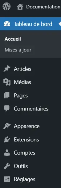 Le menu par défaut de wordpress juste après son installation