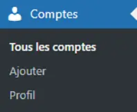 Le sous-menu comptes de wordpress