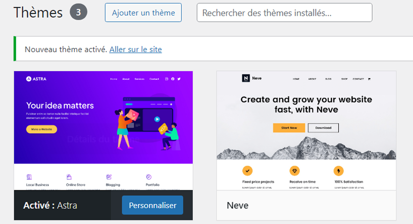 backoffice de wordpress theme enfant activé